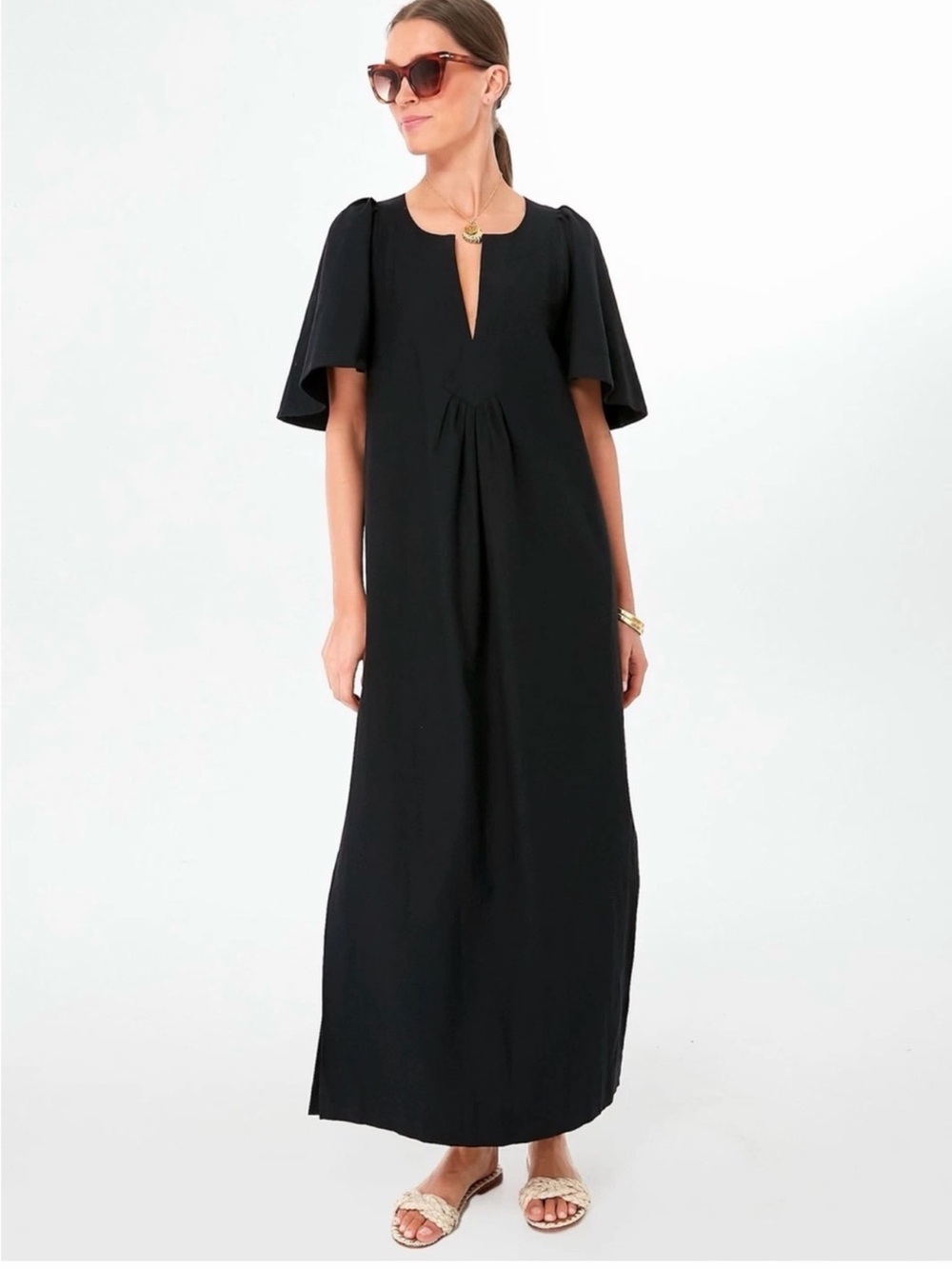 Tuckernuck Pomander Place Finley Black Flutter Sleeve Cotton Maxi Dress Large